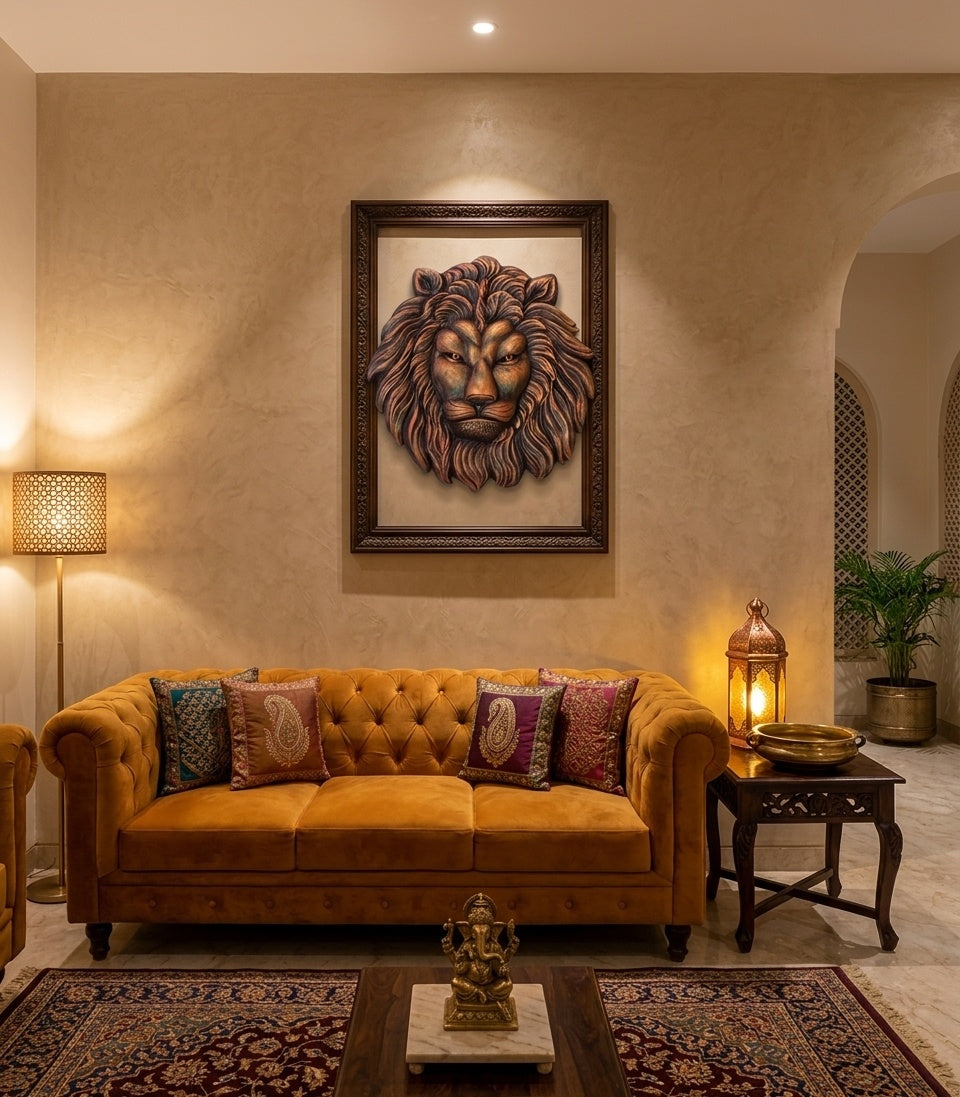 Majestic Lion Face 3D Relief Wall Art Sculpture - Room Mockup 1