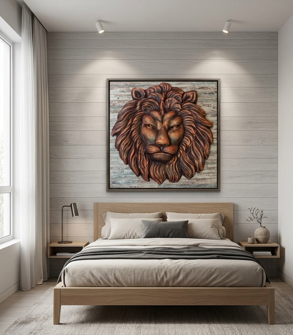 Majestic Lion Face 3D Relief Wall Art Sculpture - Room Mockup 3