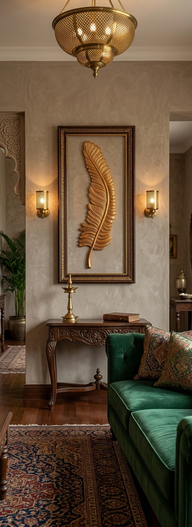 Golden Feather 3D Relief Wall Art Panel - Room Mockup 1