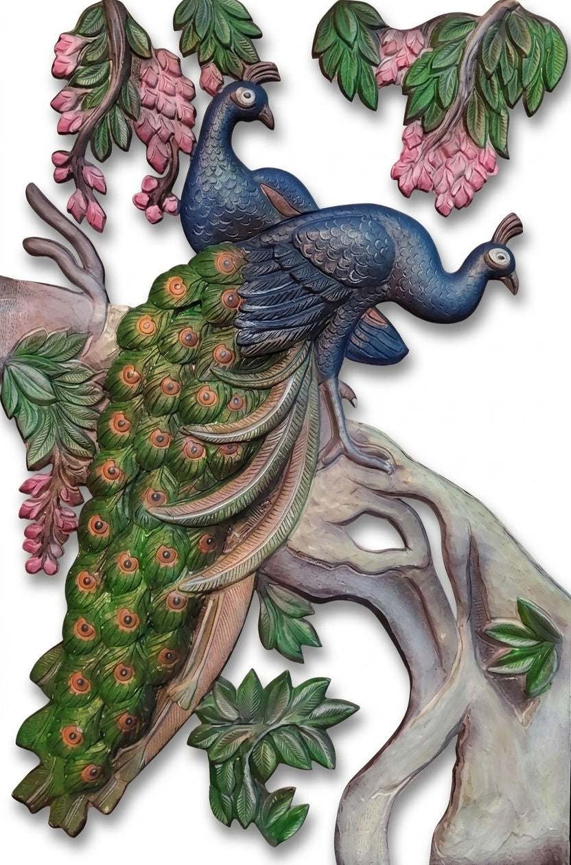 Twin Peacocks on Tree Branch 3D Relief Mural Wall Art - Studio Detail