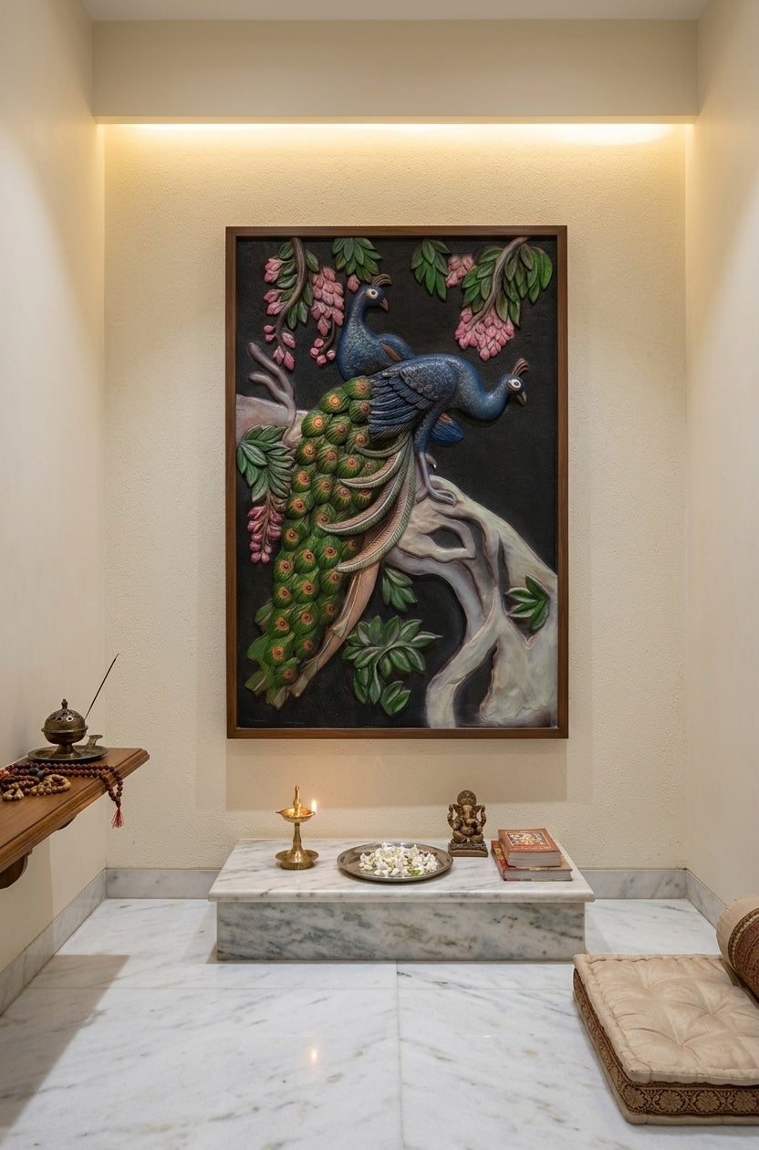 Twin Peacocks on Tree Branch 3D Relief Mural Wall Art - Room Mockup 2