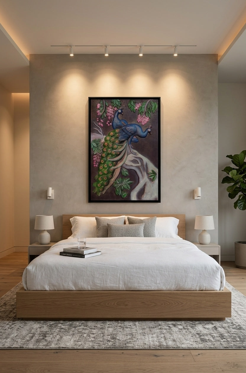 Twin Peacocks on Tree Branch 3D Relief Mural Wall Art - Room Mockup 3