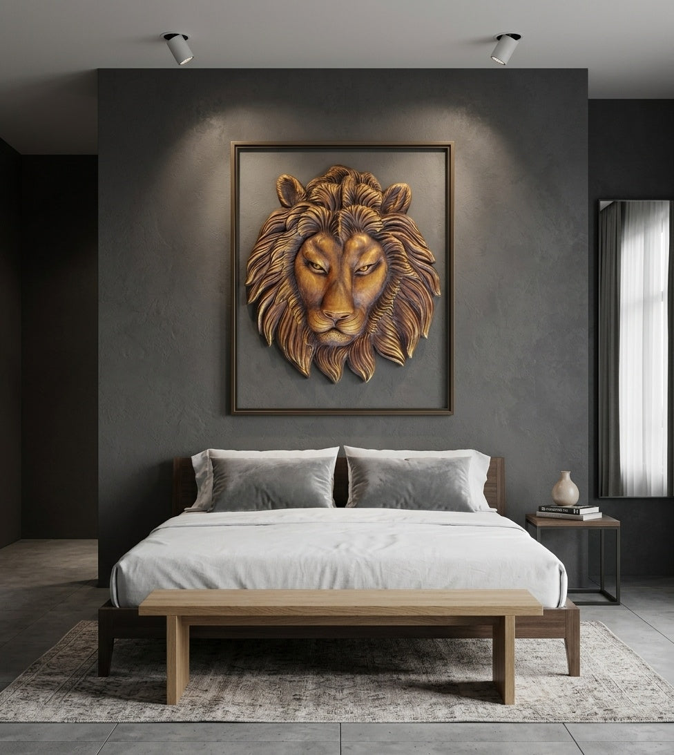 Regal Lion Face 3D Relief Wall Art Sculpture - Room Mockup 3