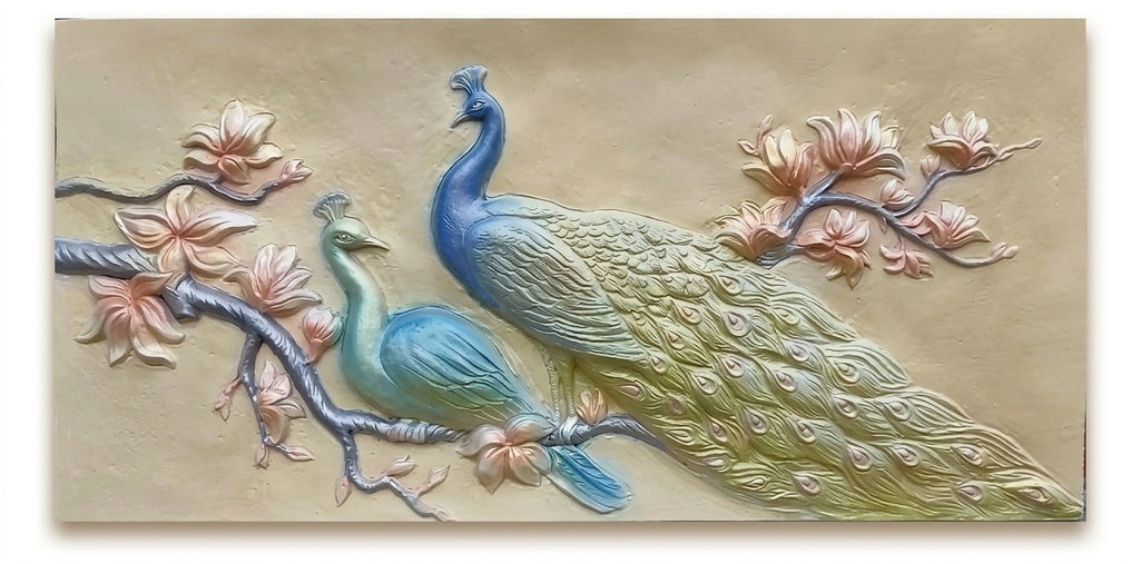 Elegant Twin Peacock and Blossom 3D Relief Wall Art - Studio Detail