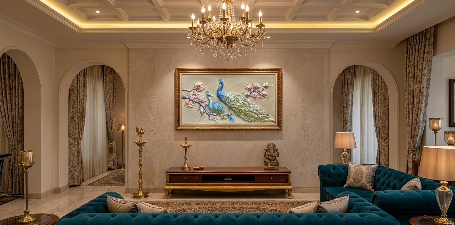 Elegant Twin Peacock and Blossom 3D Relief Wall Art - Room Mockup 1
