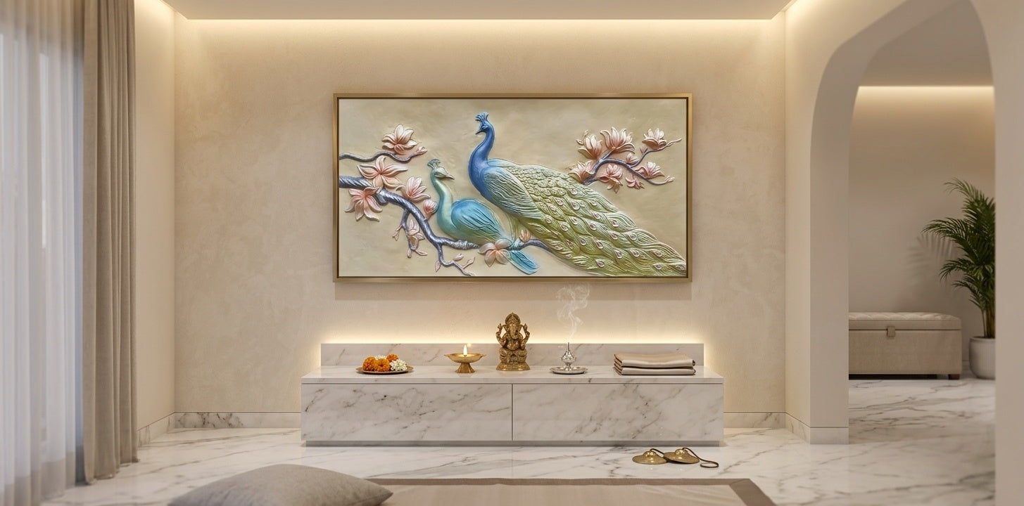 Elegant Twin Peacock and Blossom 3D Relief Wall Art - Room Mockup 2