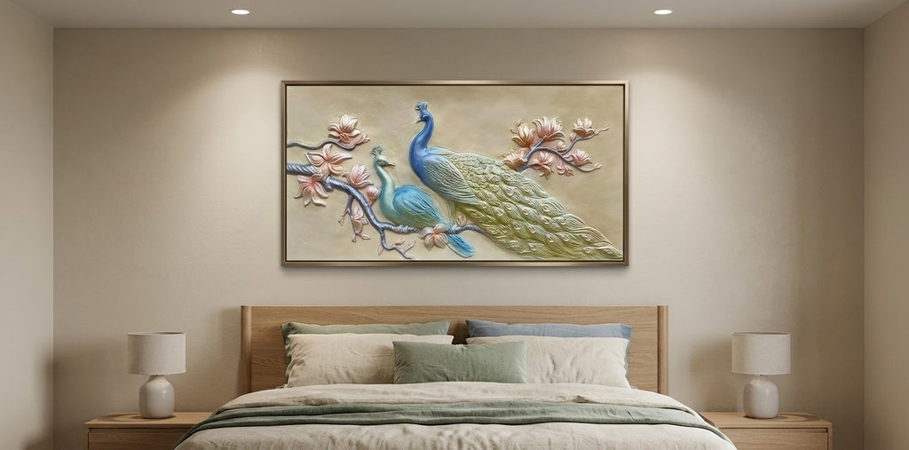 Elegant Twin Peacock and Blossom 3D Relief Wall Art - Room Mockup 3