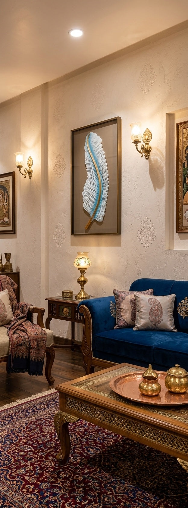 Elegant Blue and Gold Feather 3D Relief Wall Sculpture - Room Mockup 1