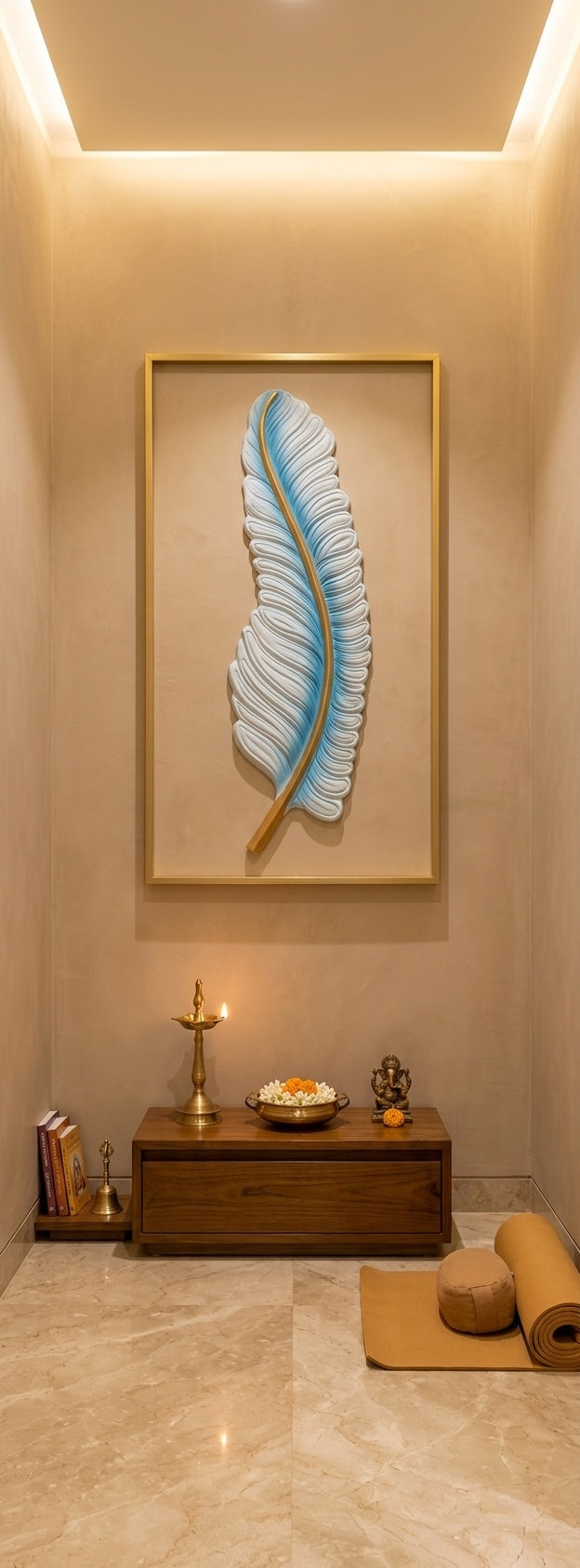 Elegant Blue and Gold Feather 3D Relief Wall Sculpture - Room Mockup 2
