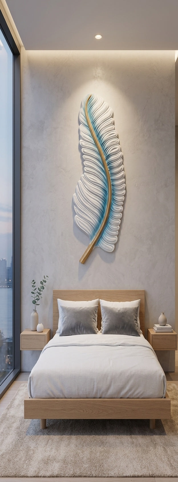 Elegant Blue and Gold Feather 3D Relief Wall Sculpture - Room Mockup 3