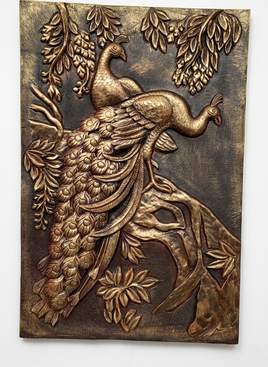 Twin Peacock Antique Bronze 3D Relief Sculpture Panel - Studio Detail