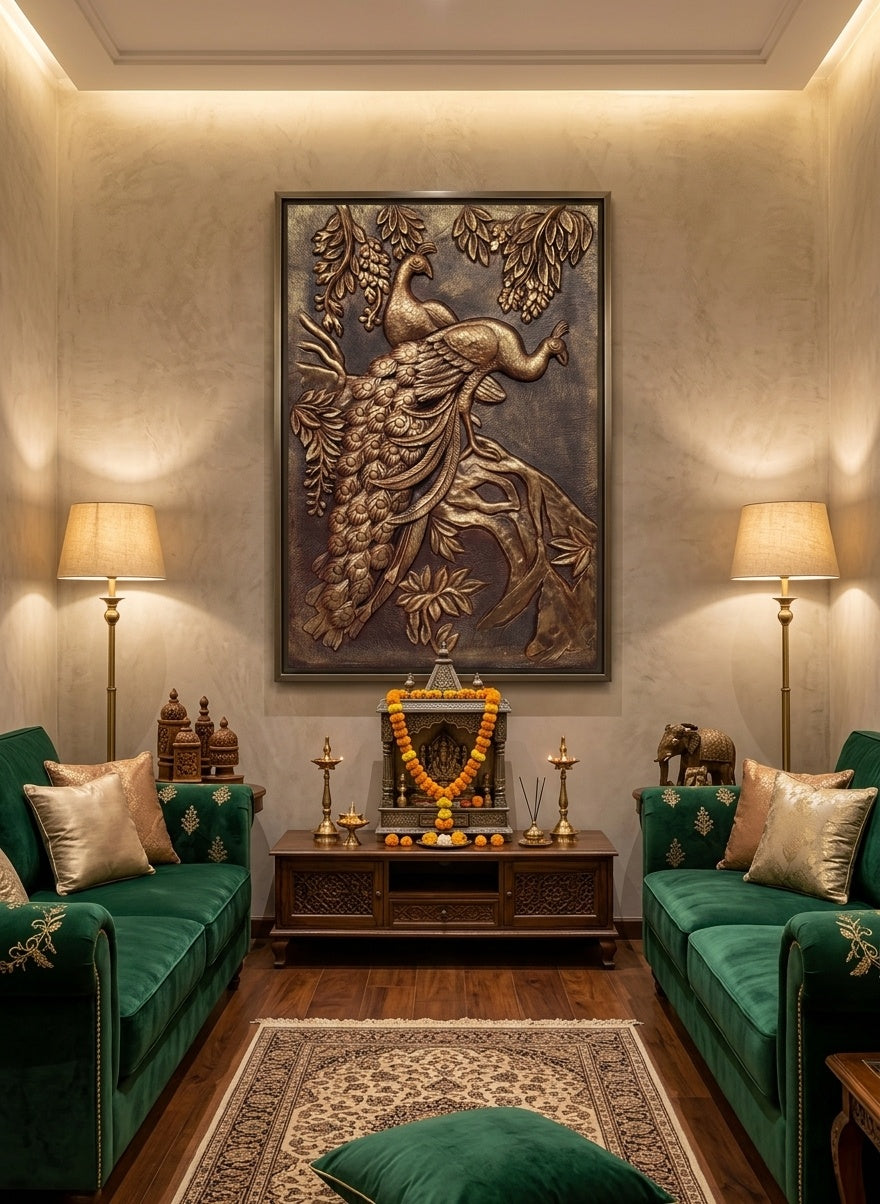 Twin Peacock Antique Bronze 3D Relief Sculpture Panel - Room Mockup 1