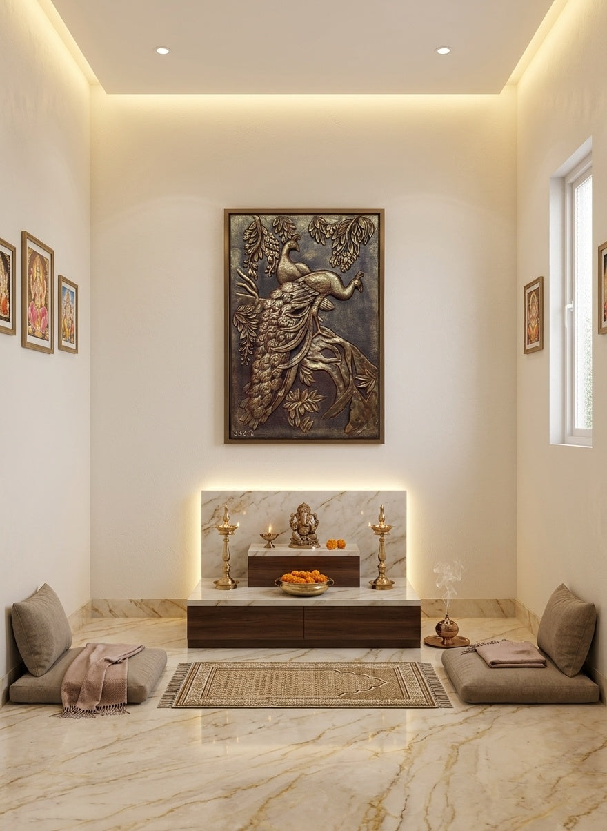 Twin Peacock Antique Bronze 3D Relief Sculpture Panel - Room Mockup 2