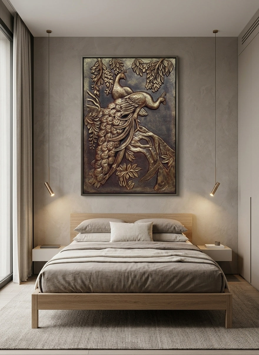 Twin Peacock Antique Bronze 3D Relief Sculpture Panel - Room Mockup 3