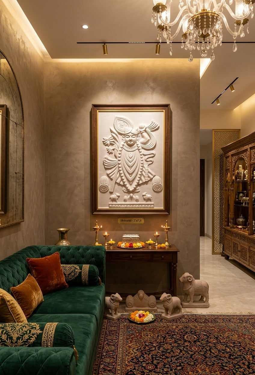 Shrinathji Krishna 3D Relief Mural Wall Art - Room Mockup 1