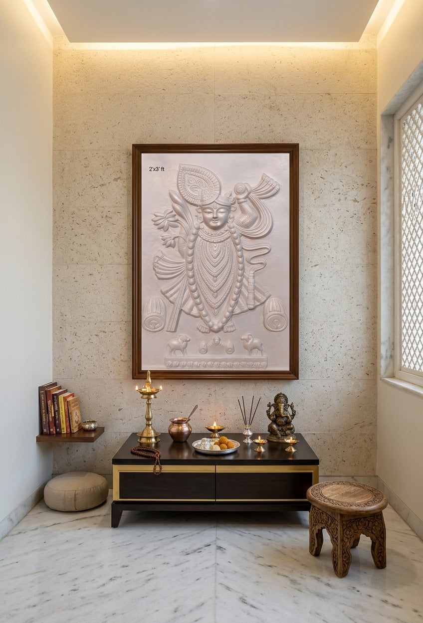 Shrinathji Krishna 3D Relief Mural Wall Art - Room Mockup 2