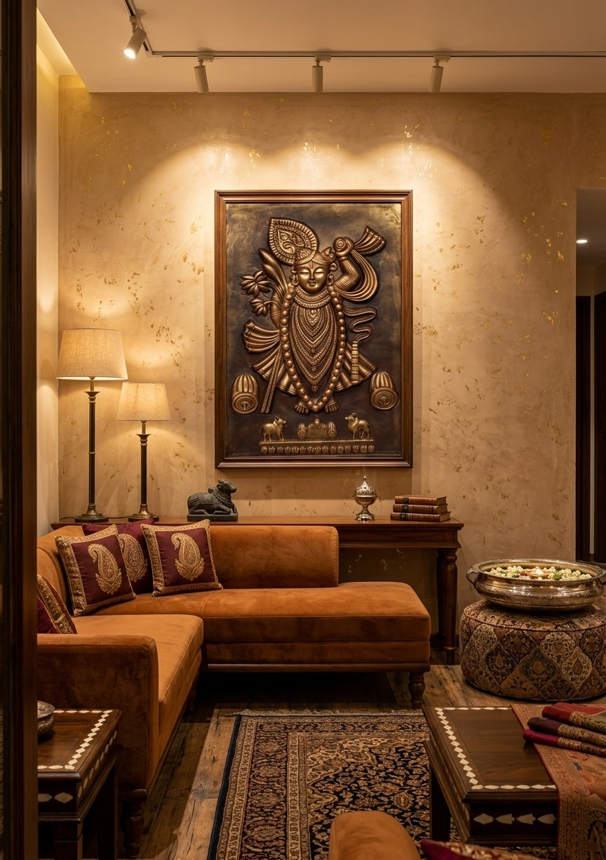 Shrinathji Antique Bronze 3D Relief Mural Wall Art - Room Mockup 1