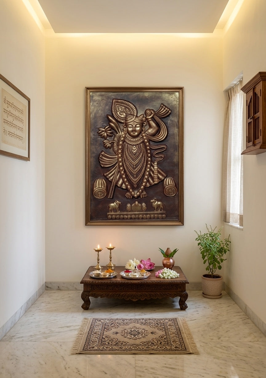 Shrinathji Antique Bronze 3D Relief Mural Wall Art - Room Mockup 2
