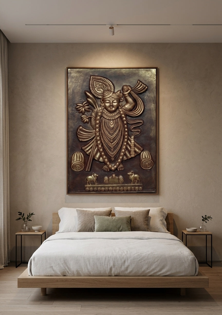 Shrinathji Antique Bronze 3D Relief Mural Wall Art - Room Mockup 3