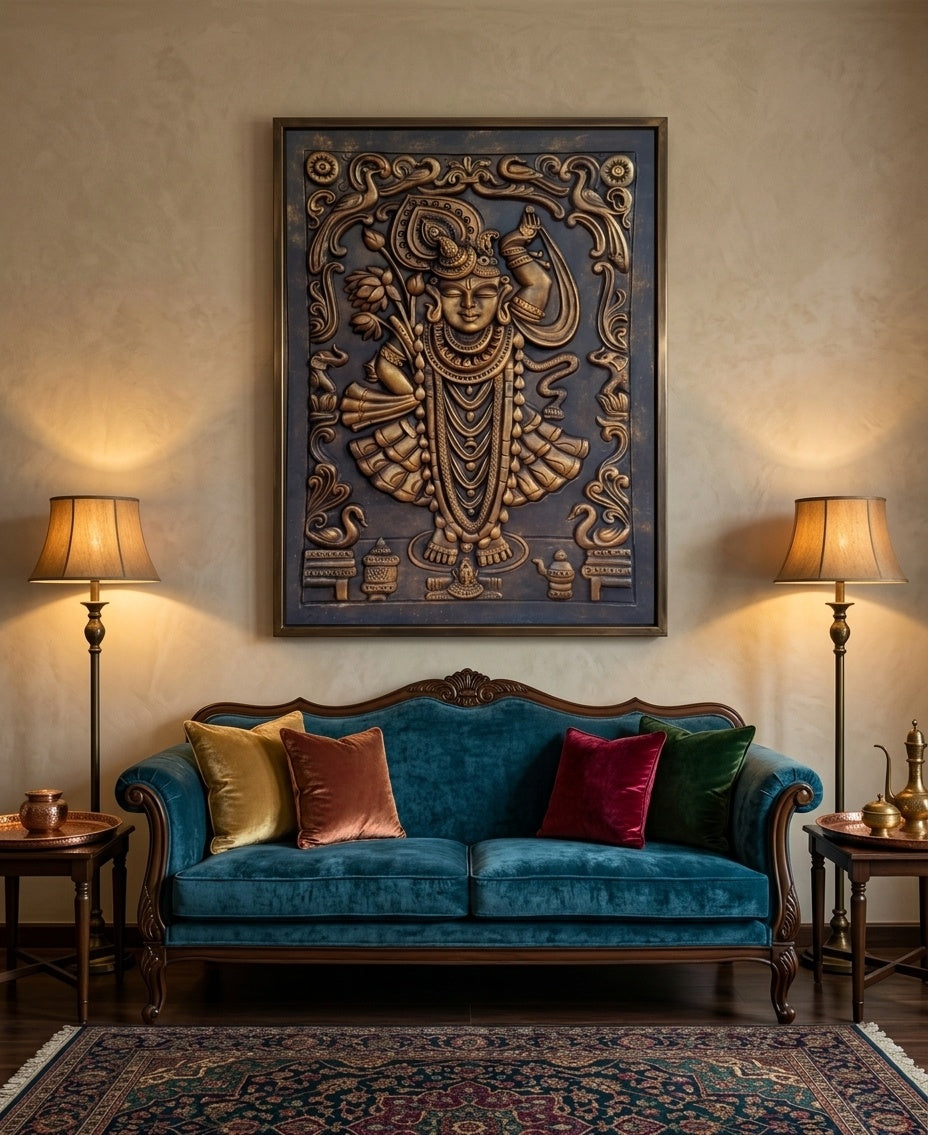 Shrinathji Antique Bronze 3D Relief Wall Art Panel - Room Mockup 1