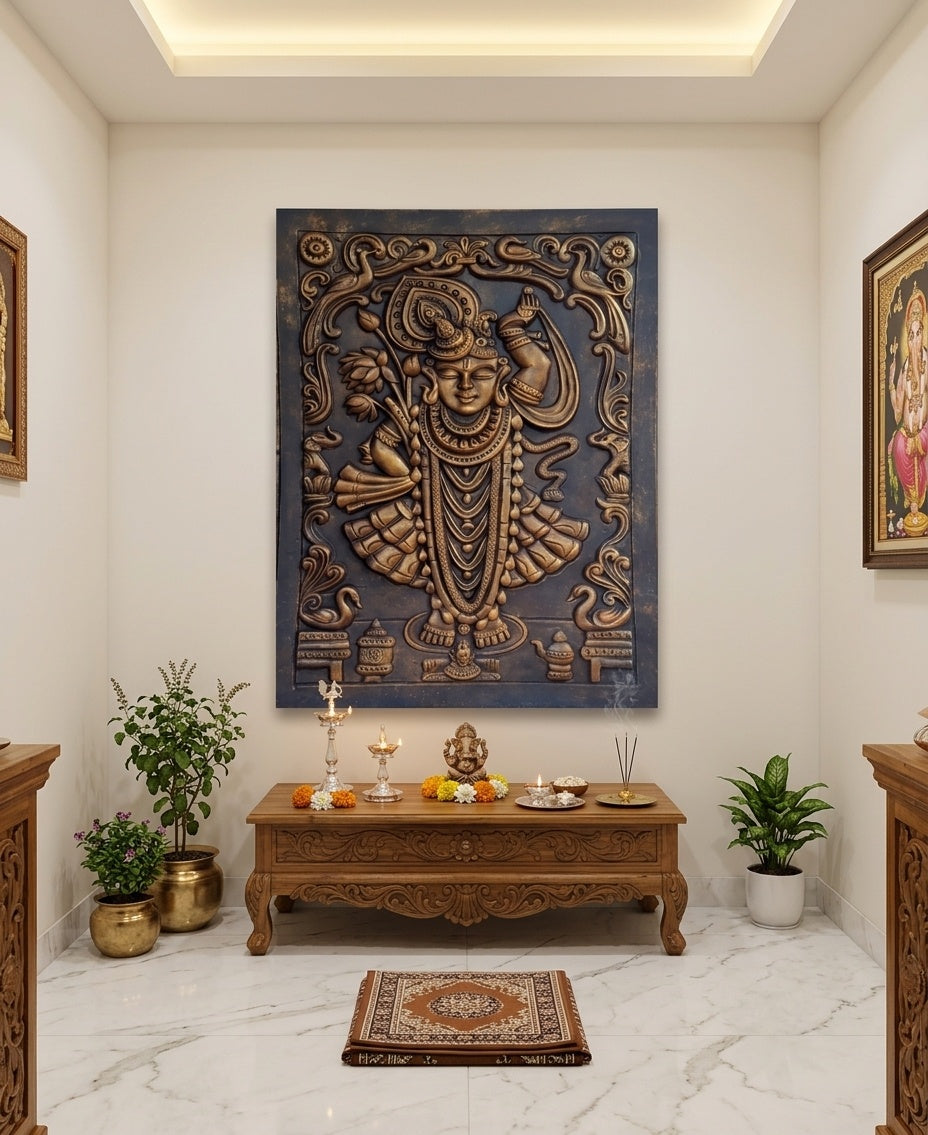 Shrinathji Antique Bronze 3D Relief Wall Art Panel - Room Mockup 2