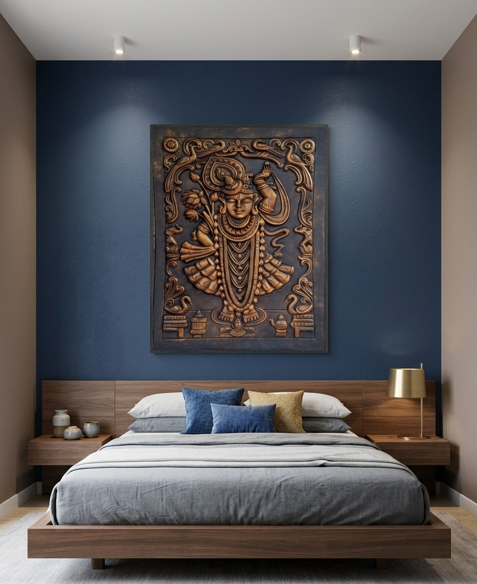 Shrinathji Antique Bronze 3D Relief Wall Art Panel - Room Mockup 3