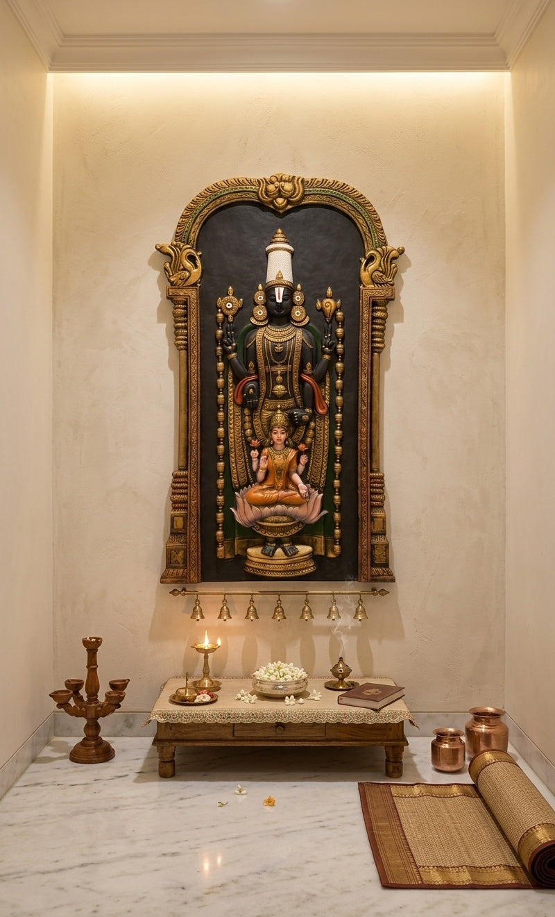 Lord Venkateswara and Goddess Lakshmi 3D Relief Mural Wall Art - Room Mockup 2