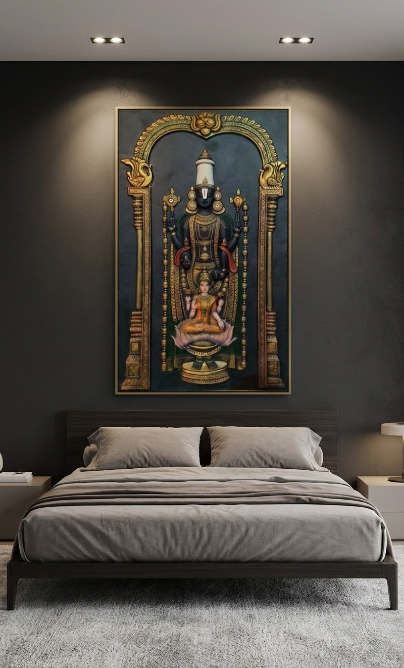Lord Venkateswara and Goddess Lakshmi 3D Relief Mural Wall Art - Room Mockup 3