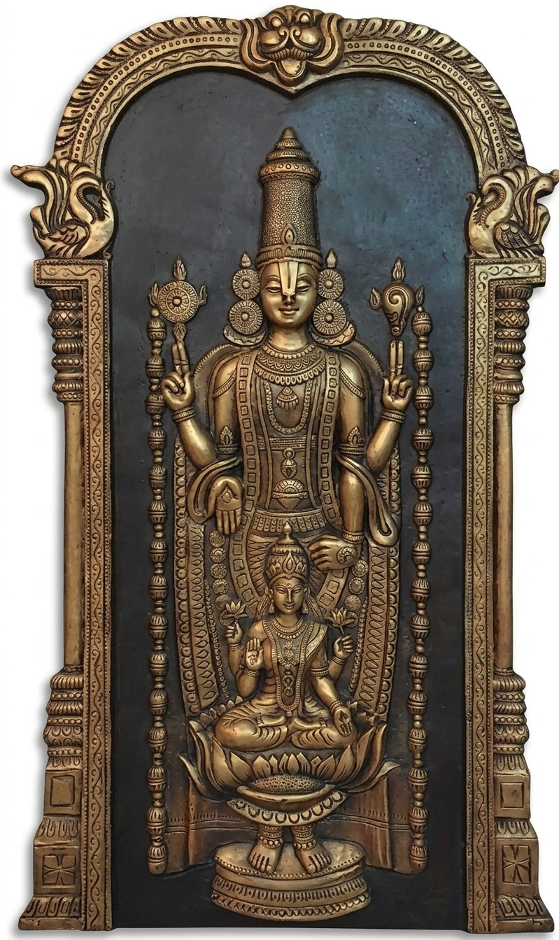 Lord Venkateswara and Goddess Lakshmi Antique Gold 3D Relief Wall Art - Studio Detail
