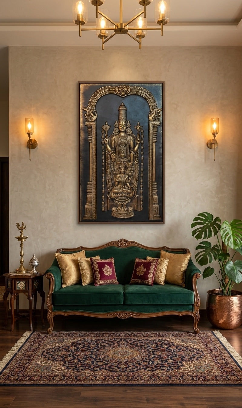 Lord Venkateswara and Goddess Lakshmi Antique Gold 3D Relief Wall Art - Room Mockup 1