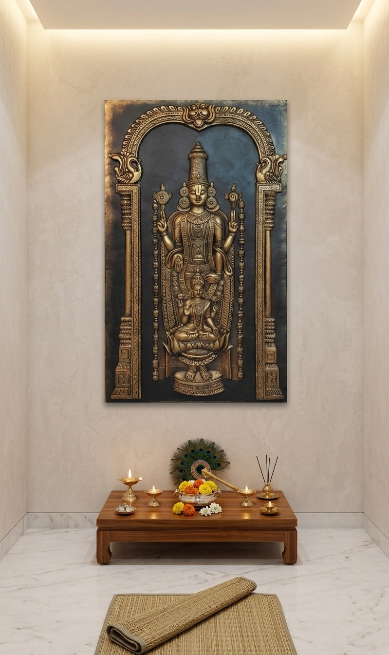 Lord Venkateswara and Goddess Lakshmi Antique Gold 3D Relief Wall Art - Room Mockup 2
