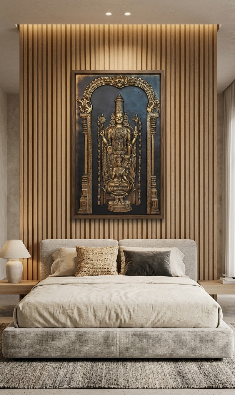 Lord Venkateswara and Goddess Lakshmi Antique Gold 3D Relief Wall Art - Room Mockup 3