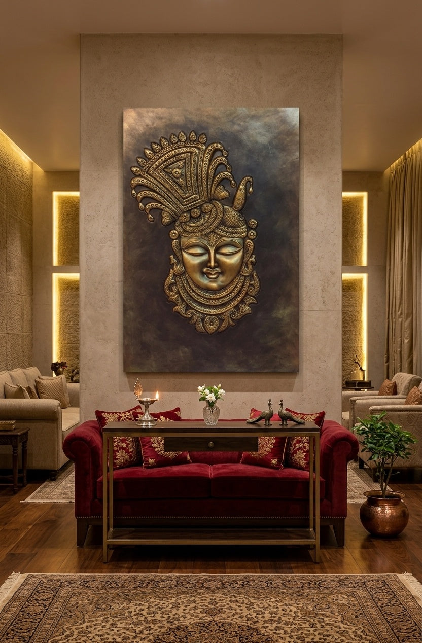 Divine Lord Krishna 3D Relief Sculpture Wall Art Panel - Room Mockup 1