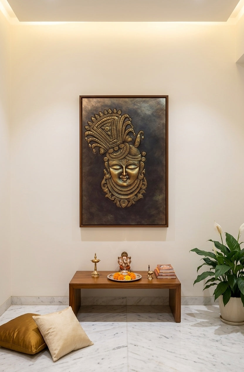 Divine Lord Krishna 3D Relief Sculpture Wall Art Panel - Room Mockup 2