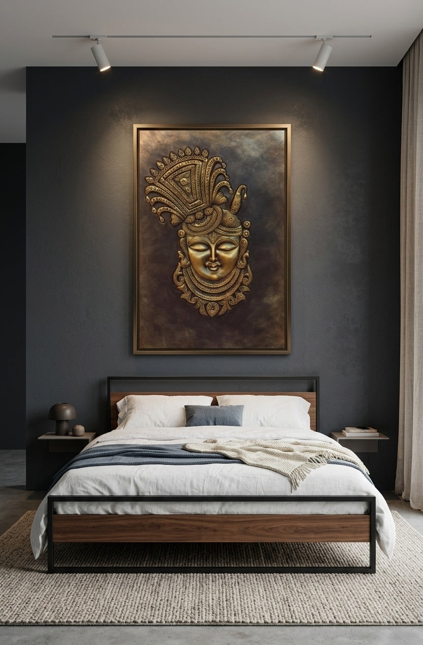 Divine Lord Krishna 3D Relief Sculpture Wall Art Panel - Room Mockup 3