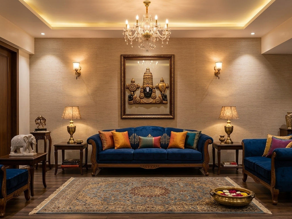 Lord Venkateswara Balaji with Shankha and Chakra 3D Relief Wall Art - Room Mockup 1