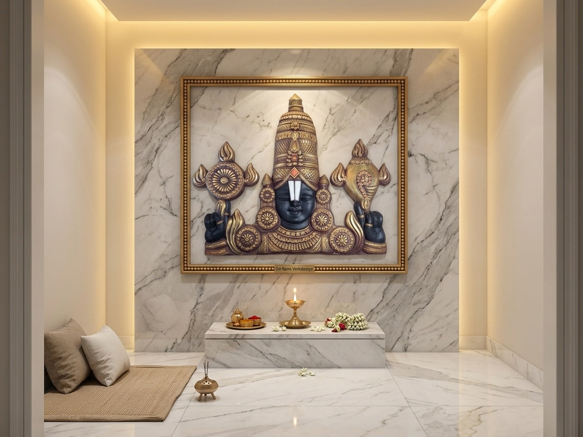 Lord Venkateswara Balaji with Shankha and Chakra 3D Relief Wall Art - Room Mockup 2
