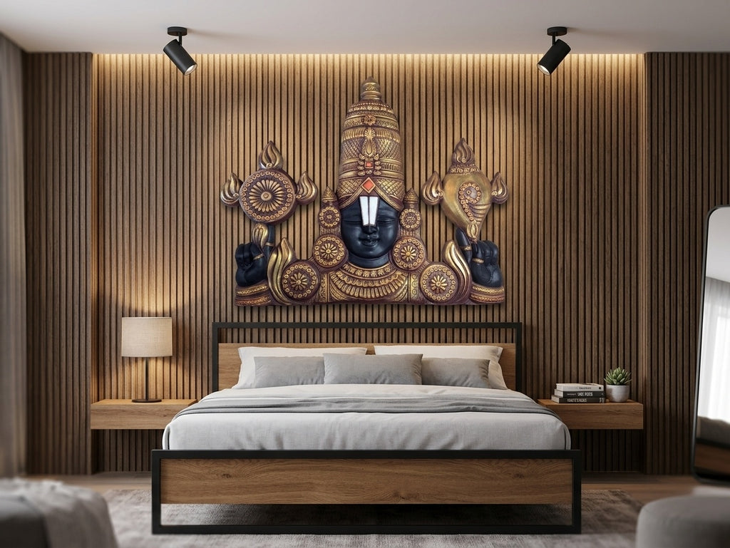 Lord Venkateswara Balaji with Shankha and Chakra 3D Relief Wall Art - Room Mockup 3