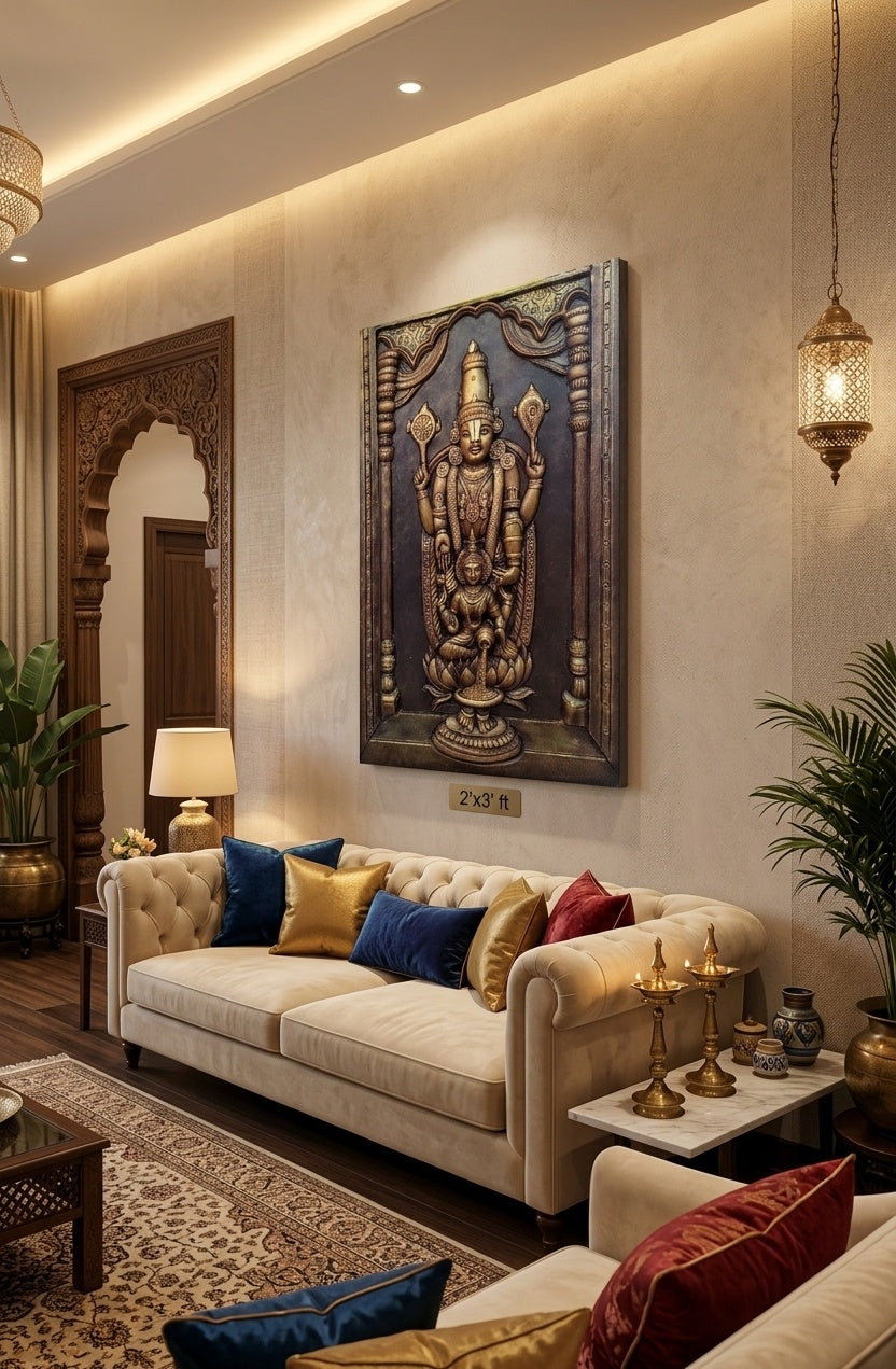 Lord Balaji and Goddess Lakshmi 3D Relief Wall Art Panel - Room Mockup 1