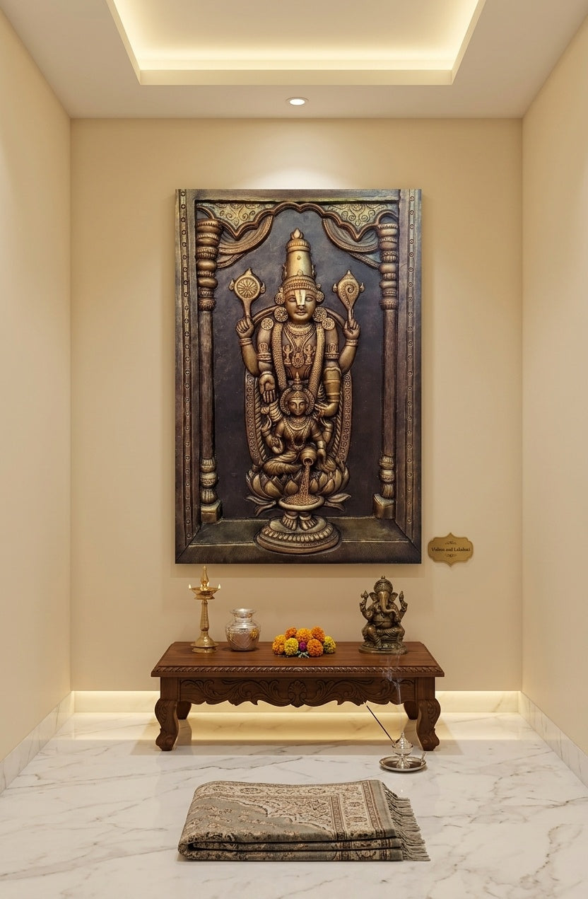 Lord Balaji and Goddess Lakshmi 3D Relief Wall Art Panel - Room Mockup 2