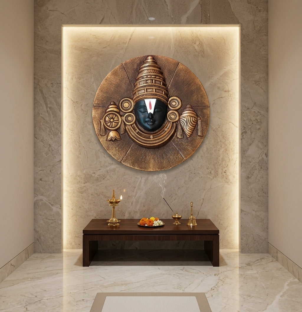 Lord Venkateswara Balaji with Shankh & Chakra 3D Relief Circular Wall Art - Room Mockup 2