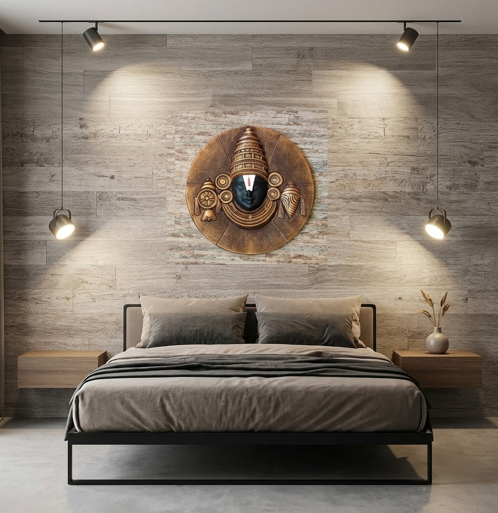 Lord Venkateswara Balaji with Shankh & Chakra 3D Relief Circular Wall Art - Room Mockup 3