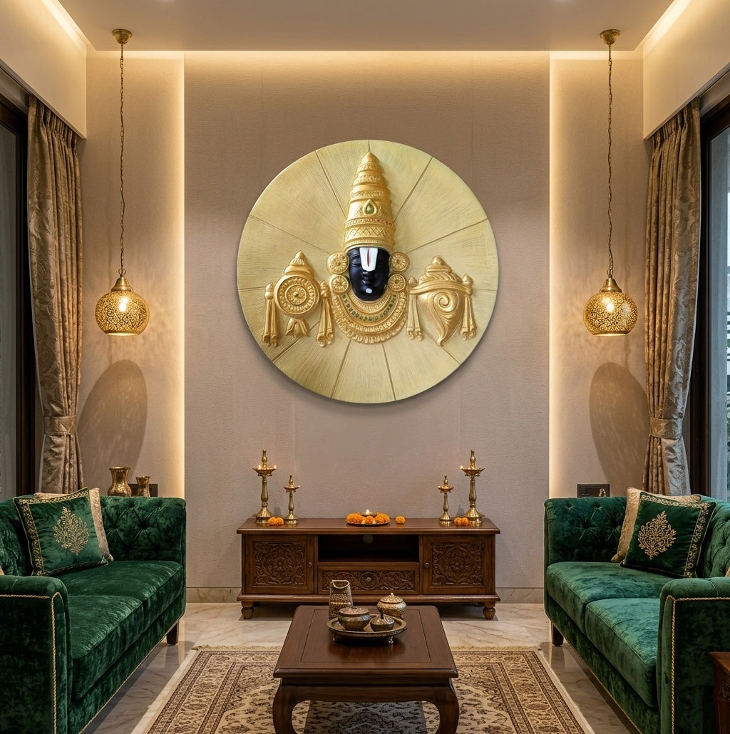 Lord Venkateswara Shanka Chakra 3D Relief Mural Wall Art - Room Mockup 1