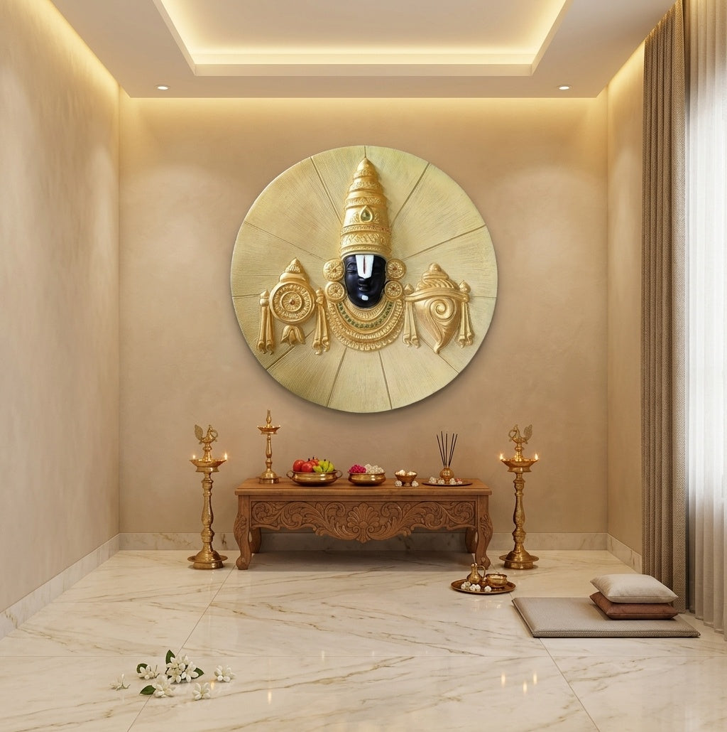 Lord Venkateswara Shanka Chakra 3D Relief Mural Wall Art - Room Mockup 2