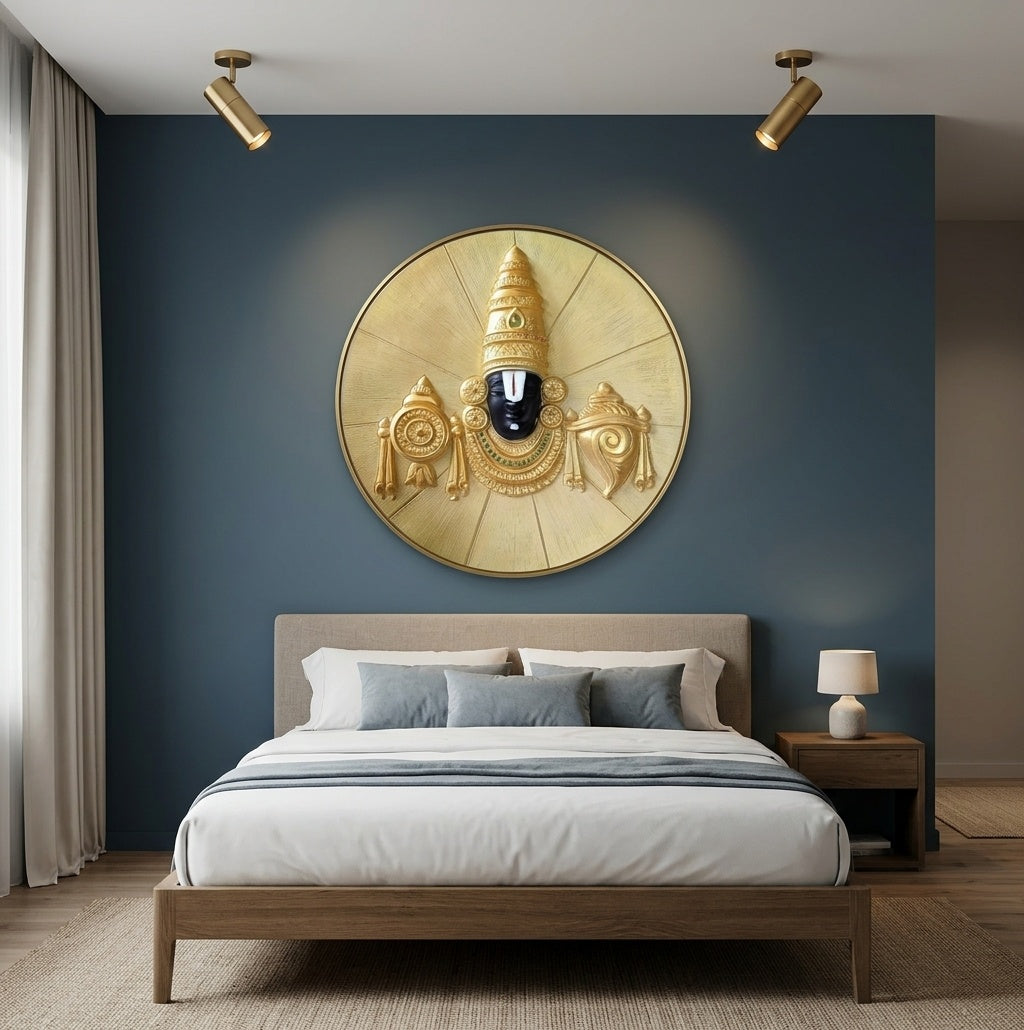 Lord Venkateswara Shanka Chakra 3D Relief Mural Wall Art - Room Mockup 3