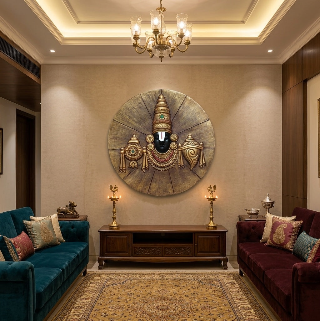Lord Venkateswara Balaji with Shankh and Chakra 3D Relief Circular Wall Art - Room Mockup 1