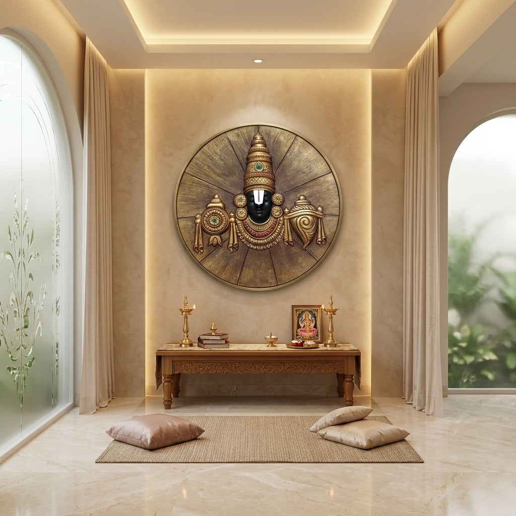 Lord Venkateswara Balaji with Shankh and Chakra 3D Relief Circular Wall Art - Room Mockup 2