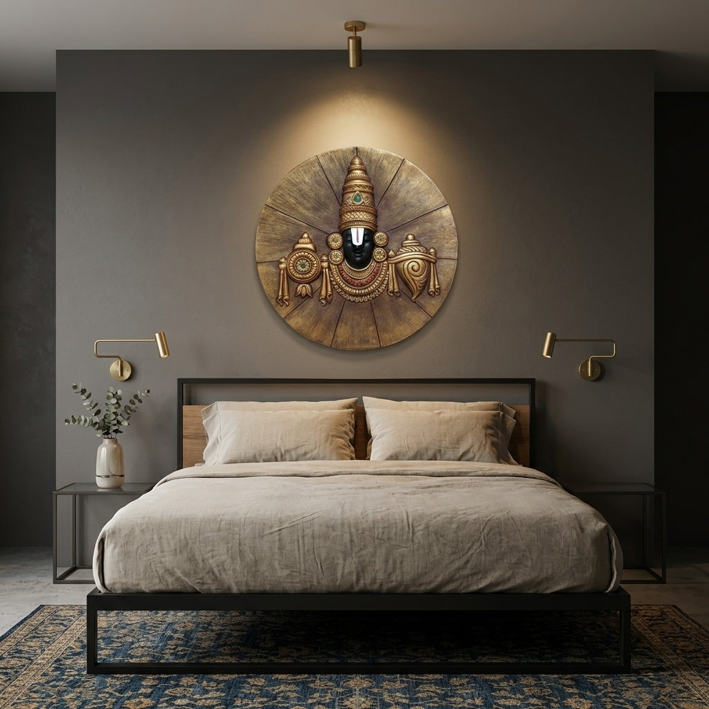 Lord Venkateswara Balaji with Shankh and Chakra 3D Relief Circular Wall Art - Room Mockup 3