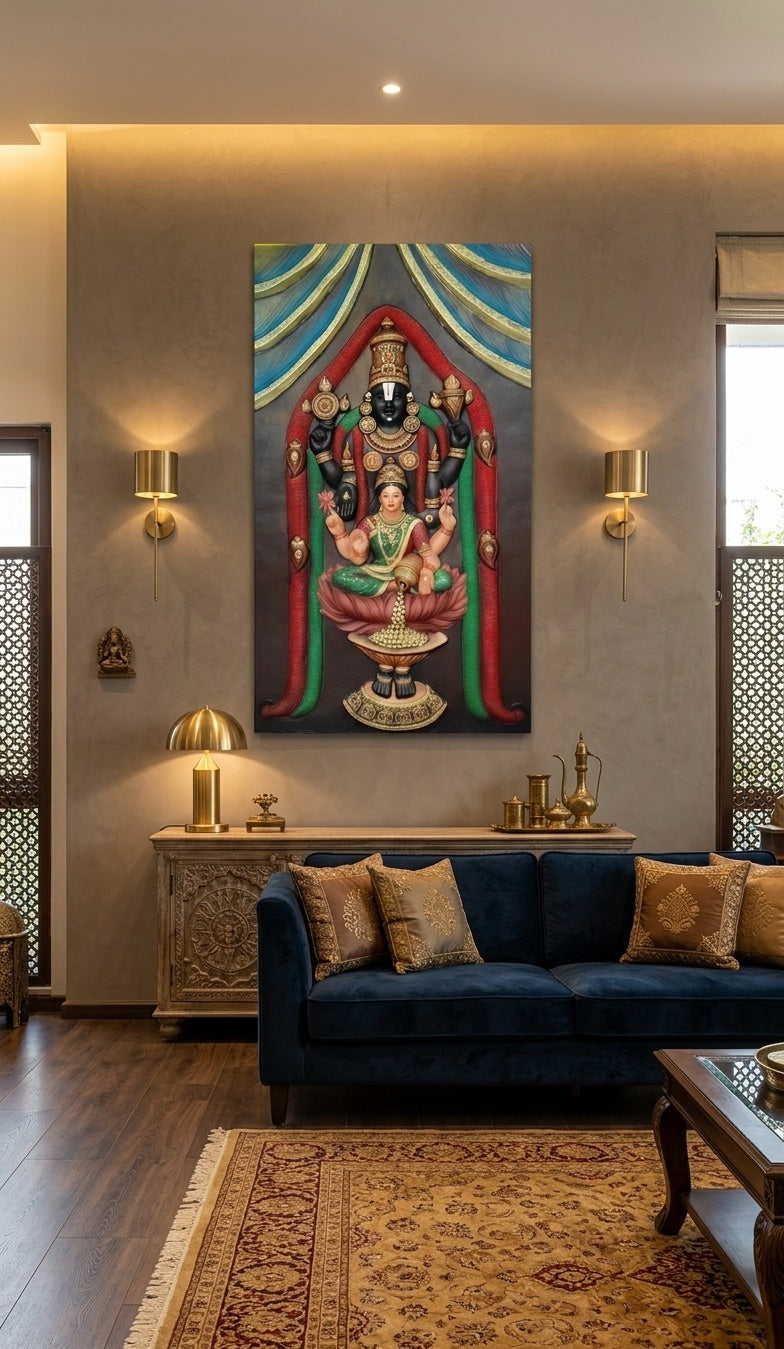 Lord Venkateswara Balaji and Goddess Lakshmi 3D Relief Sculpture Wall Art Panel - Room Mockup 1