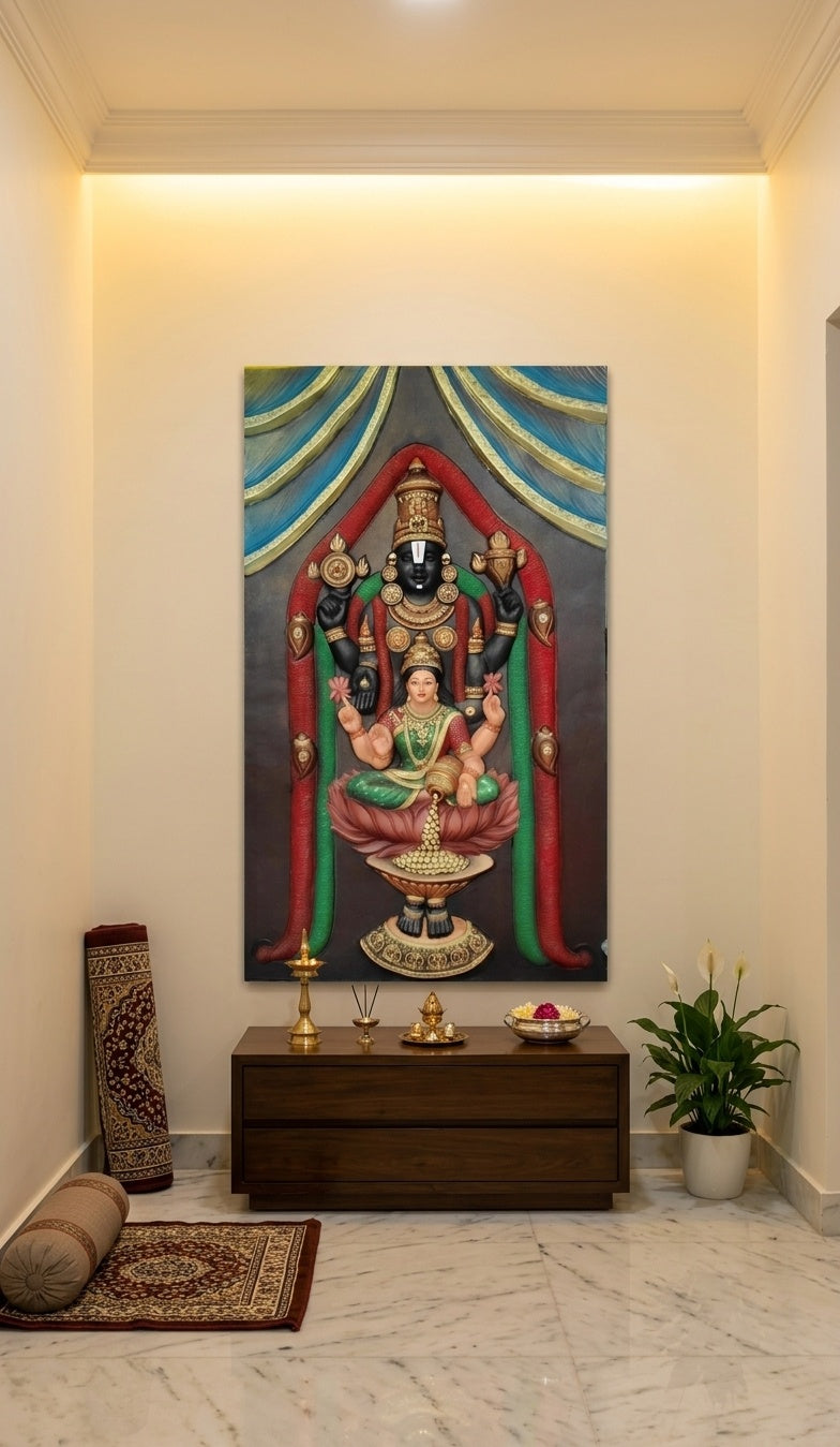 Lord Venkateswara Balaji and Goddess Lakshmi 3D Relief Sculpture Wall Art Panel - Room Mockup 2